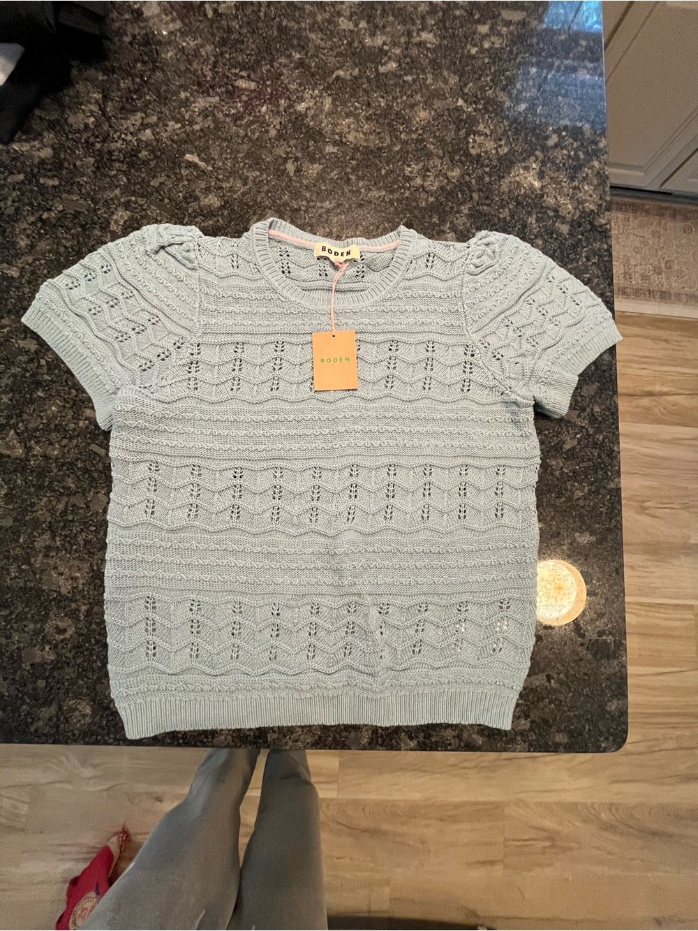 Boden Light Blue Pointelle Crew Neck Short Sleeve Sweater